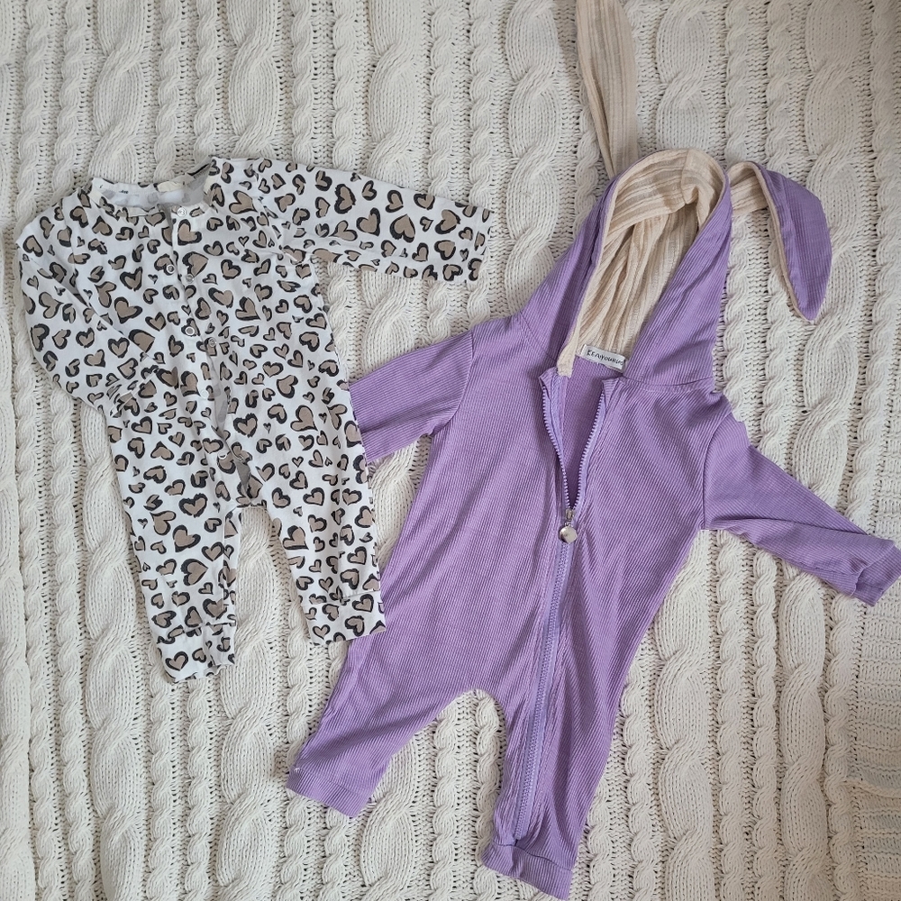 Baby cheetah print and bunny rompers/overalls